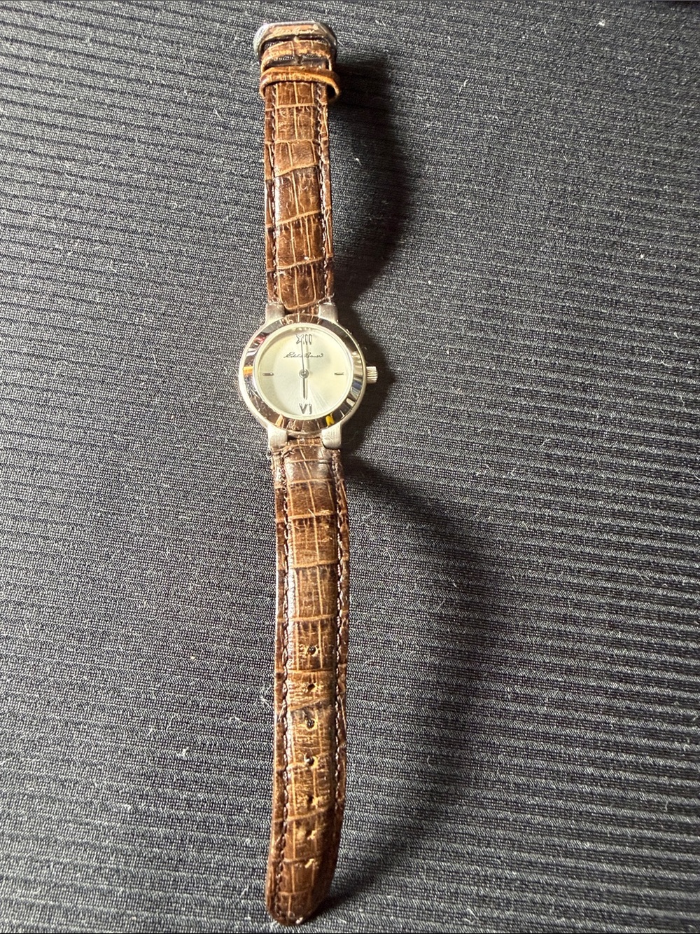 Eddie Bauer Silver Round Case with Brown Croc-Style Strap